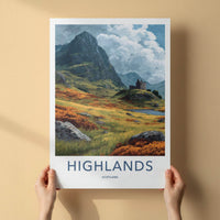 Highlands Poster - Scotland Travel Print - Lochside Castle Ruin Home Decor