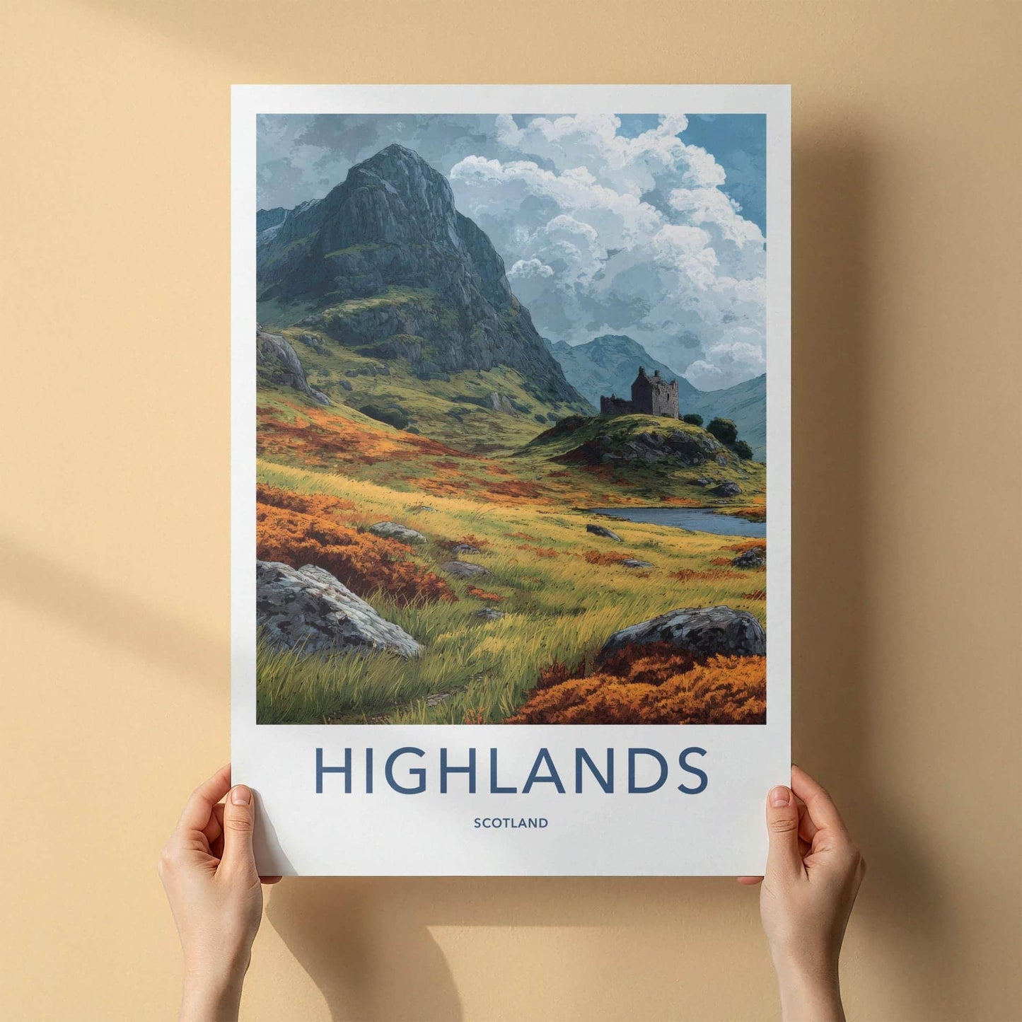 Highlands Poster - Scotland Travel Print - Lochside Castle Ruin Home Decor