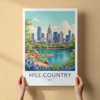 Hill Country Poster - Texas Travel Art - Cityscape Lake Bluebonnets Home Decor