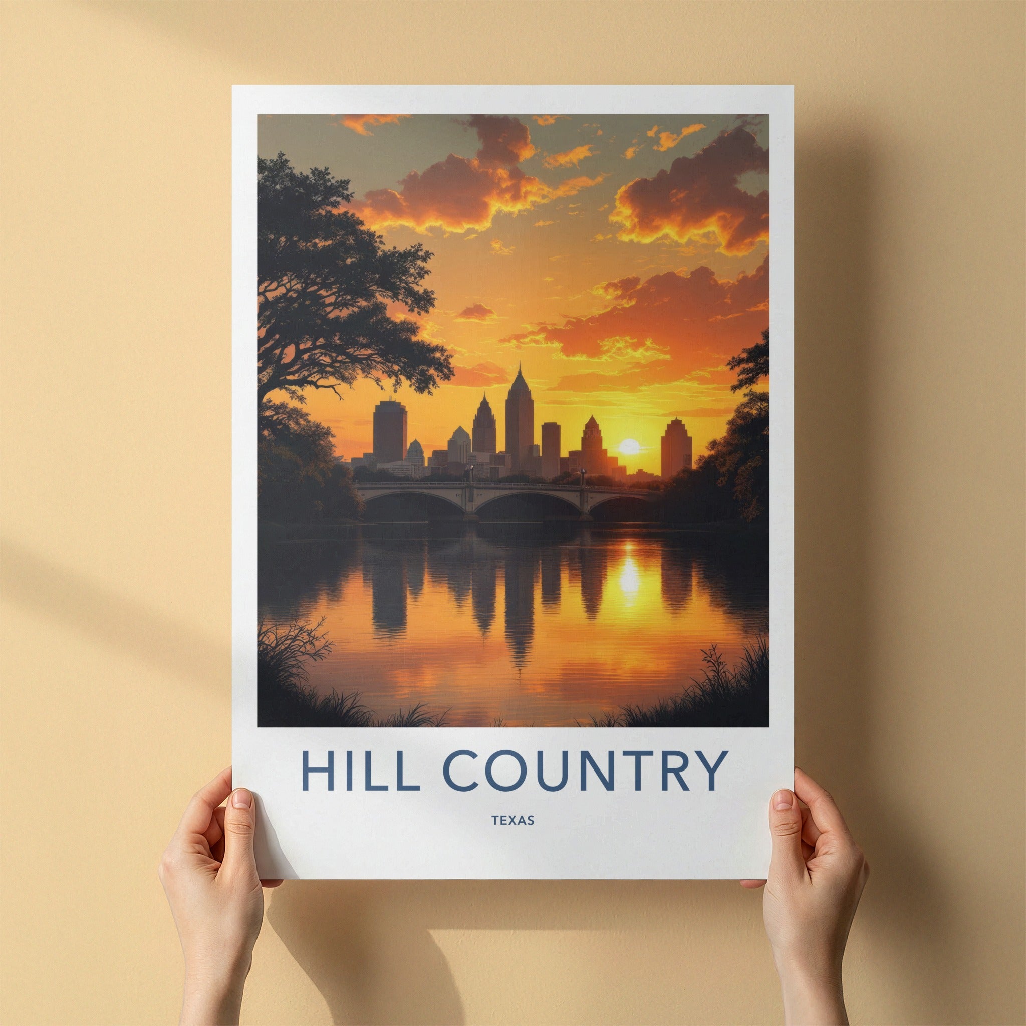 Hill Country Poster - Texas Travel Art - Golden Hour Skyline Wall Decor