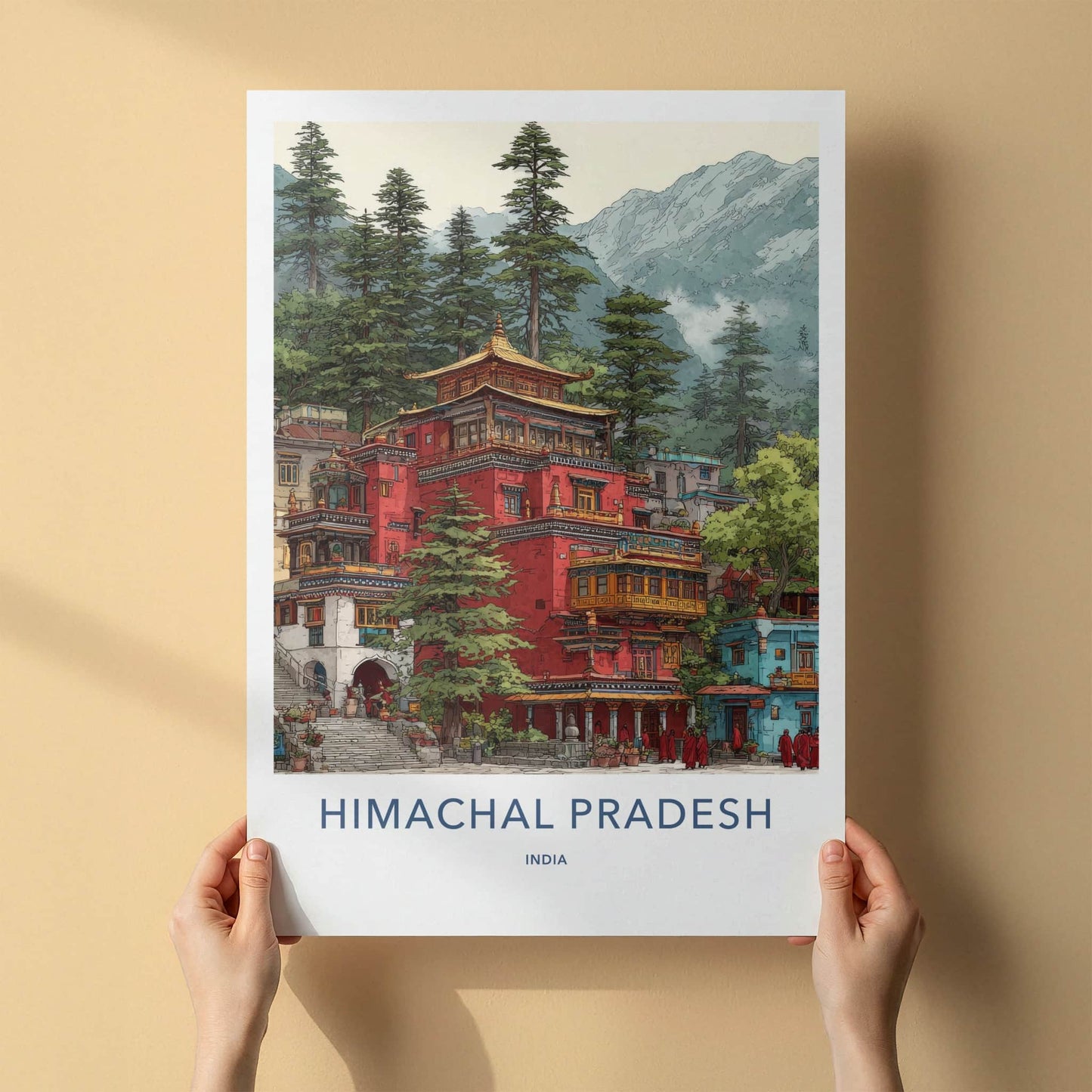 Himachal Pradesh Poster - India Wall Art - Monks Trees Mountain Home Decor
