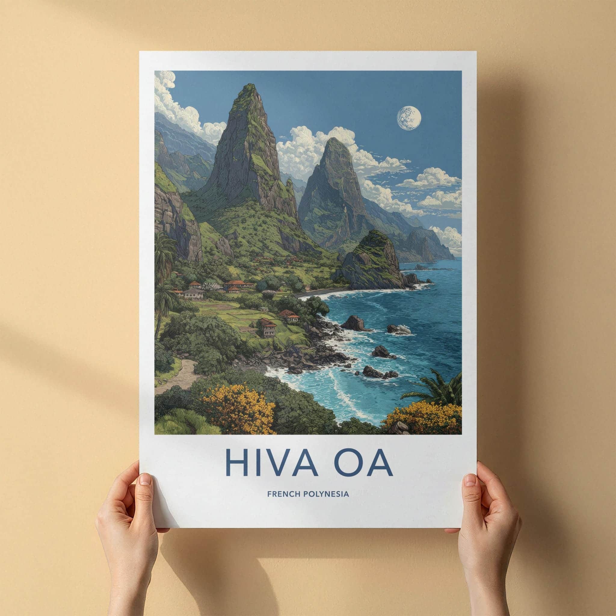 Hiva Oa Poster - French Polynesia Travel Art - Lush green mountains Wall Decor