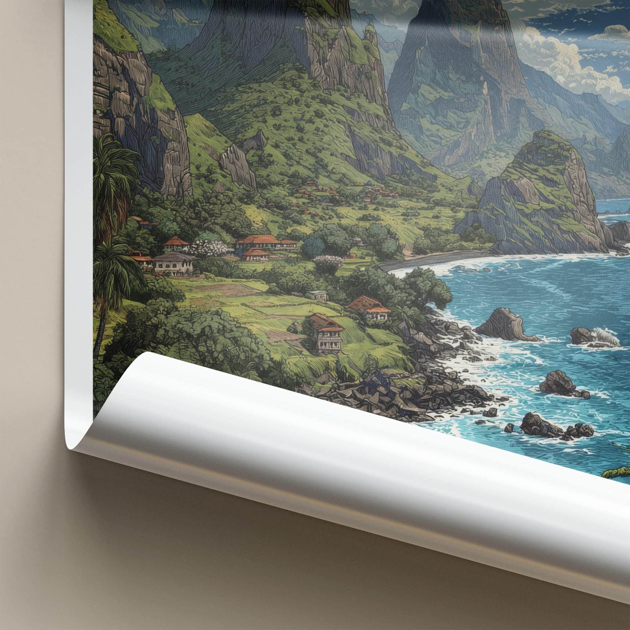 Hiva Oa Poster - French Polynesia Travel Art - Lush green mountains Wall Decor