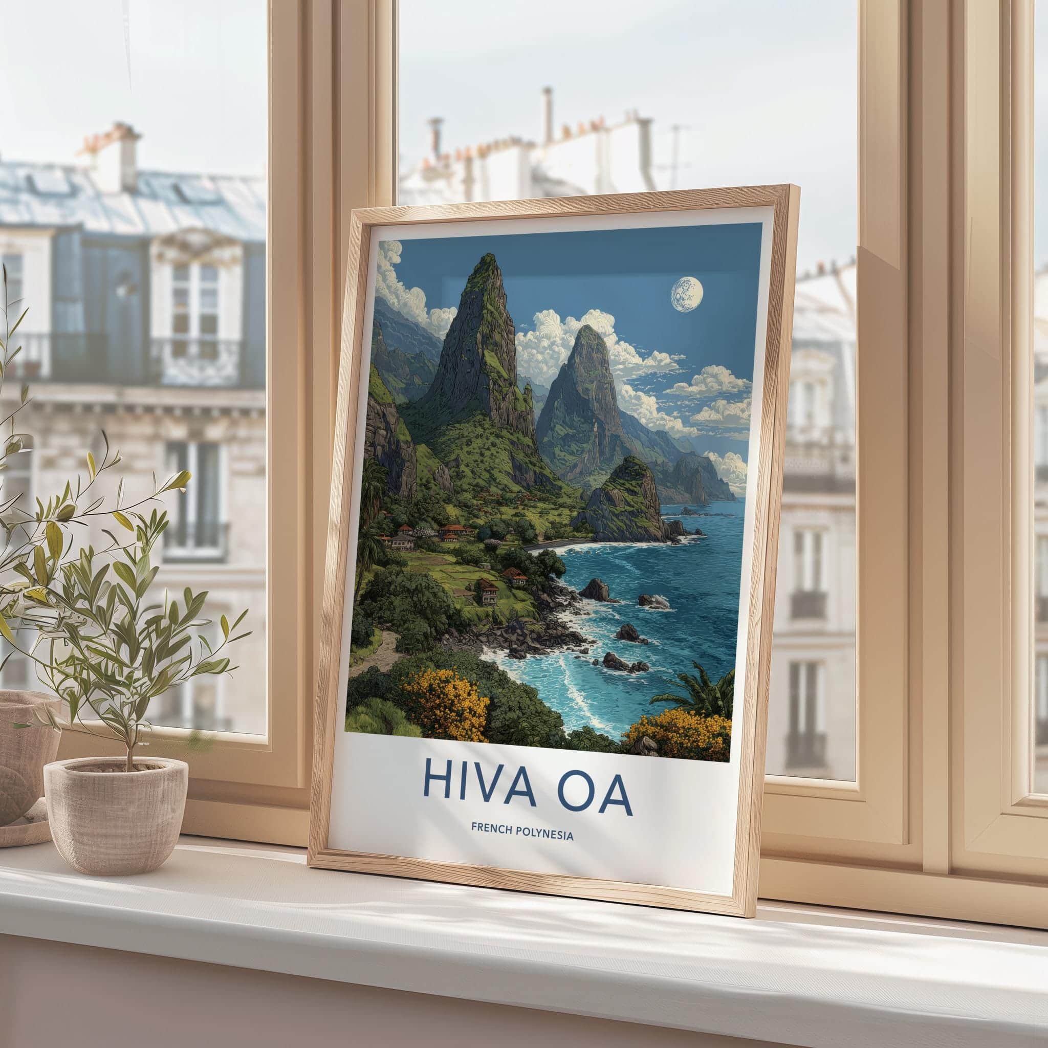 Hiva Oa Poster - French Polynesia Travel Art - Lush green mountains Wall Decor