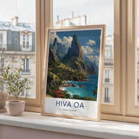 Hiva Oa Poster - French Polynesia Travel Art - Lush Mountainous Coast Wall Decor