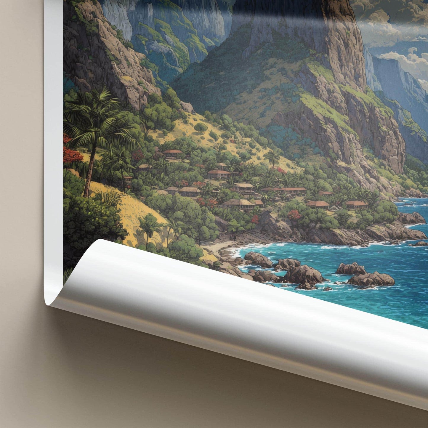 Hiva Oa Poster - French Polynesia Travel Art - Lush Mountainous Coast Wall Decor
