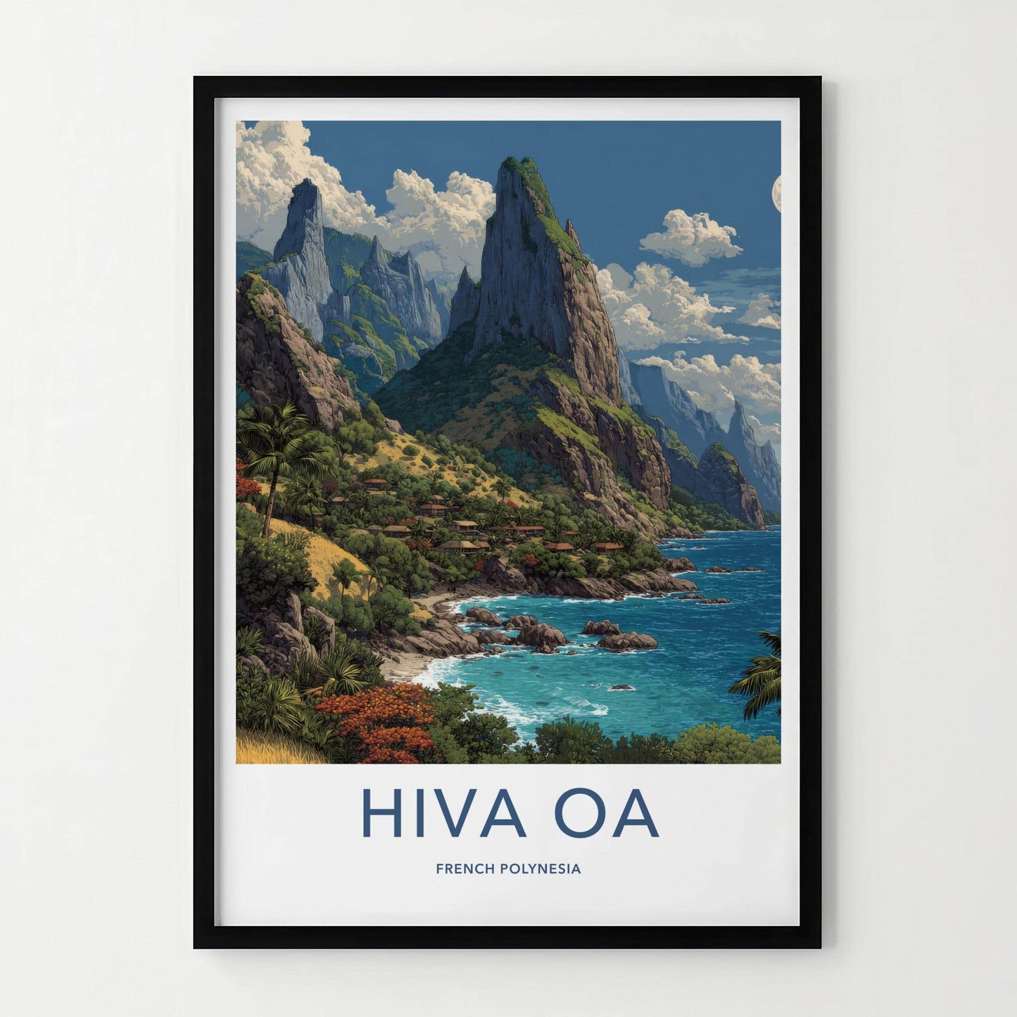 Hiva Oa Poster - French Polynesia Travel Art - Lush Mountainous Coast Wall Decor