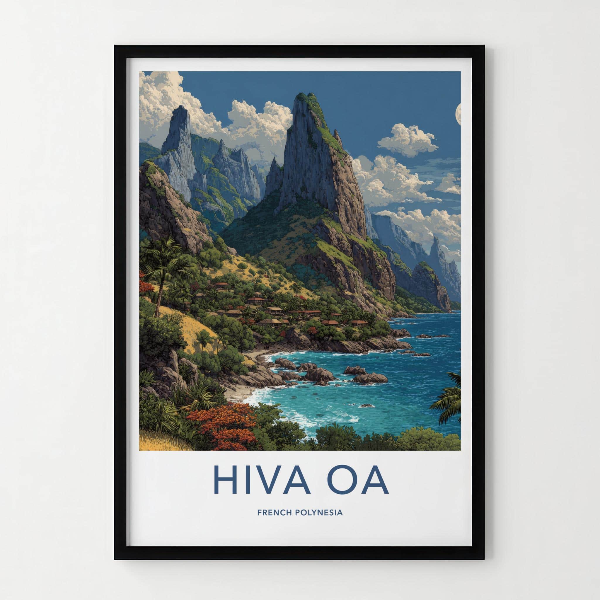 Hiva Oa Poster - French Polynesia Travel Art - Lush Mountainous Coast Wall Decor