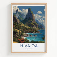 Hiva Oa Poster - French Polynesia Travel Art - Lush Mountainous Coast Wall Decor