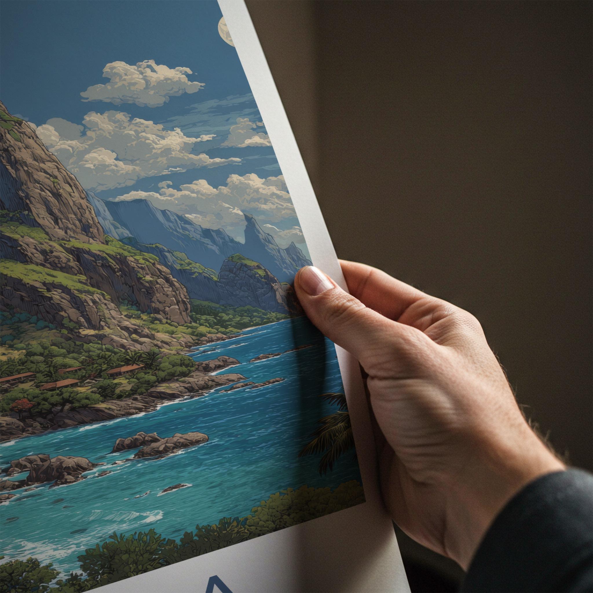Hiva Oa Poster - French Polynesia Travel Art - Lush Mountainous Coast Wall Decor