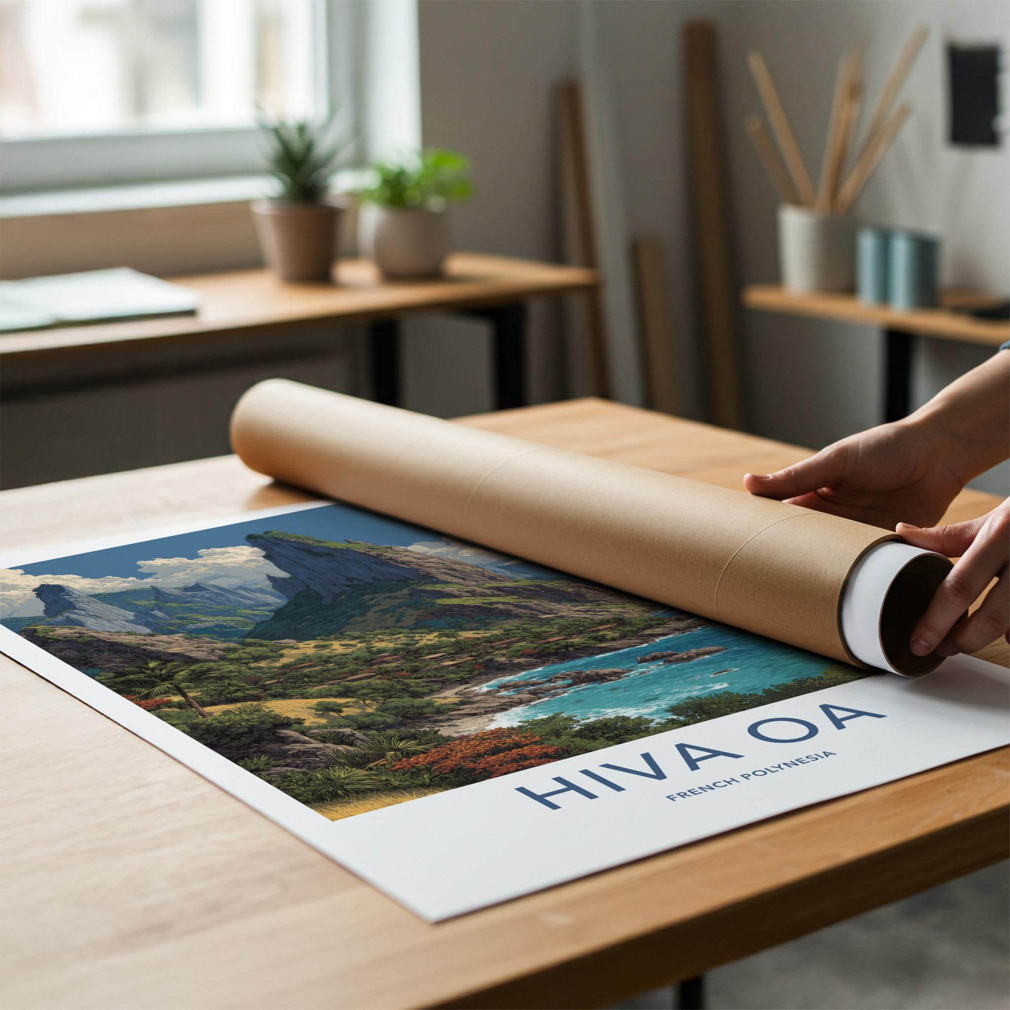 Hiva Oa Poster - French Polynesia Travel Art - Lush Mountainous Coast Wall Decor