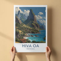 Hiva Oa Poster - French Polynesia Travel Art - Lush Mountainous Coast Wall Decor