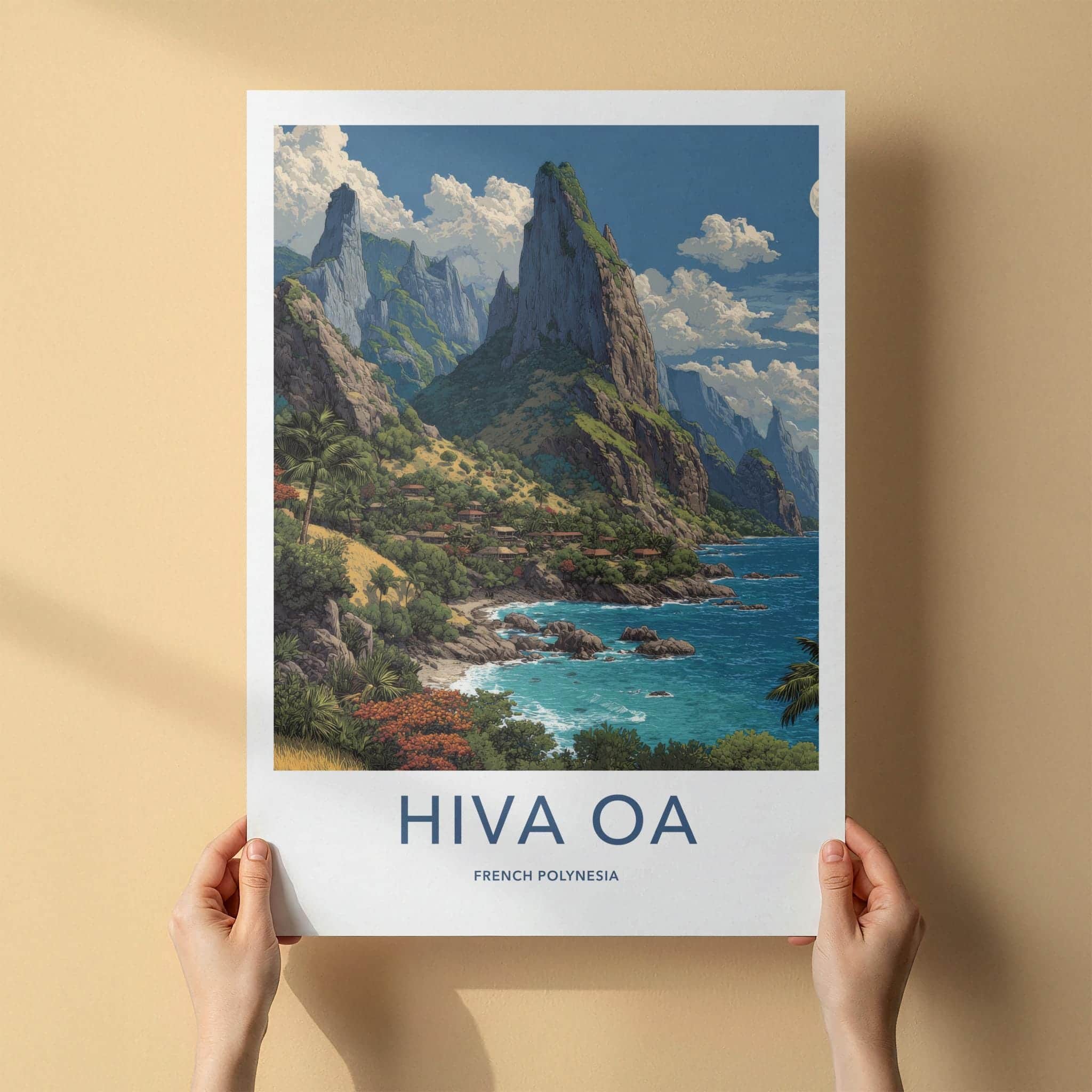 Hiva Oa Poster - French Polynesia Travel Art - Lush Mountainous Coast Wall Decor