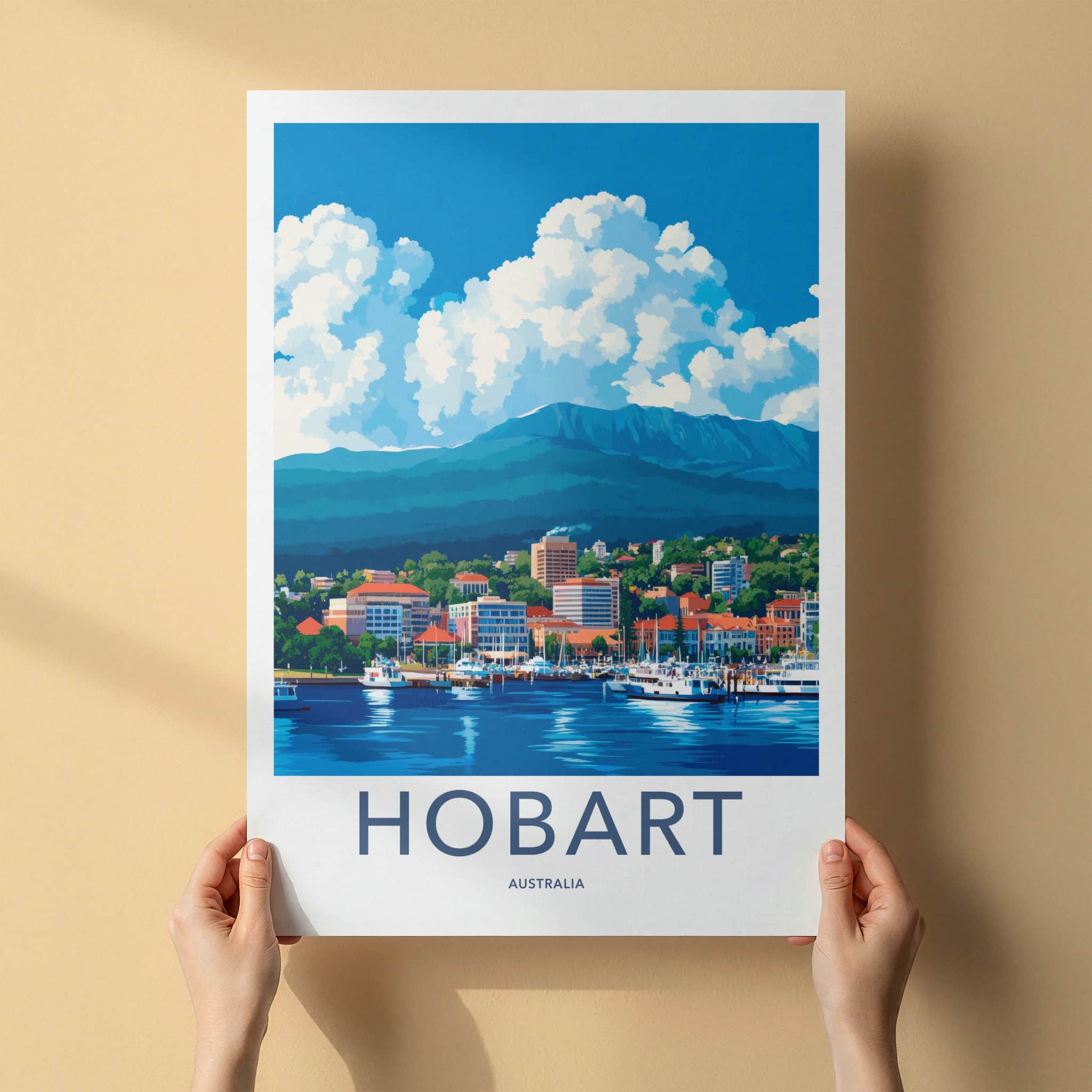 Hobart Poster - Australia Travel Art - Waterfront City Mountain Wall Decor