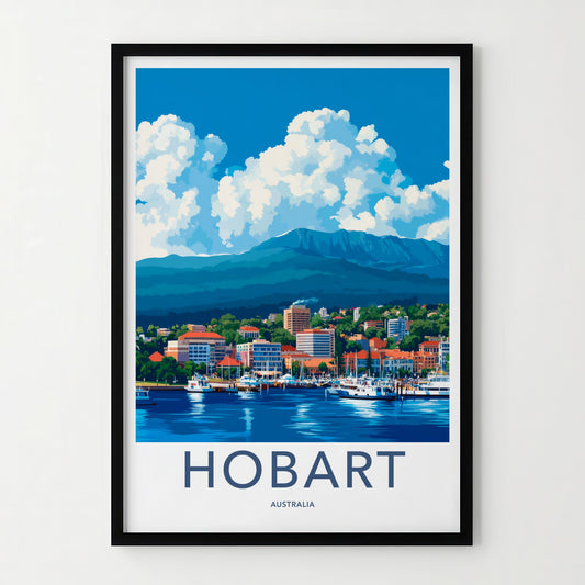 Hobart Poster - Australia Travel Art - Waterfront City Mountain Wall Decor