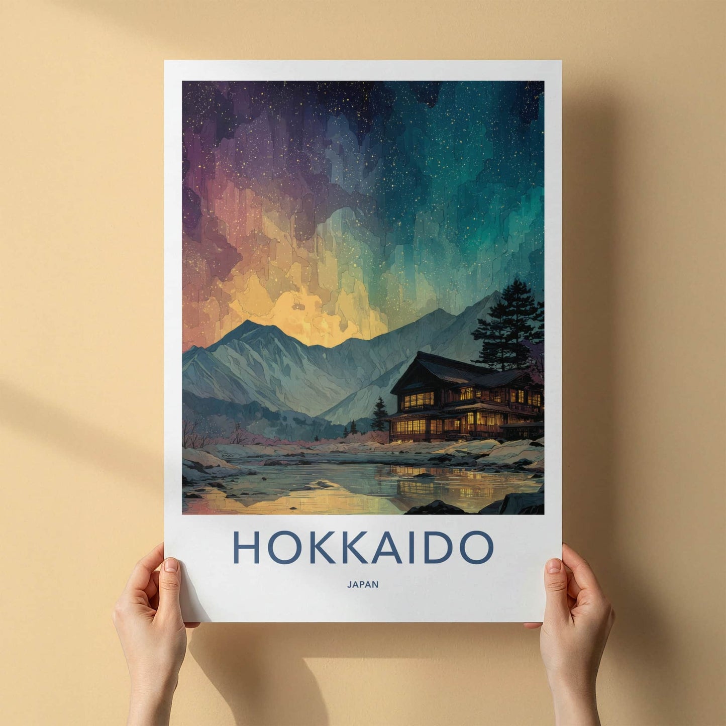 Hokkaido Poster - Japan Art Print - Mountain Lake Cabin Home Decor
