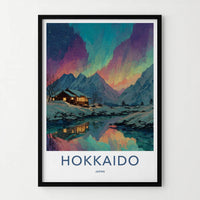 Hokkaido Poster - Japan Travel Art - Northern Lights Cabin Home Decor