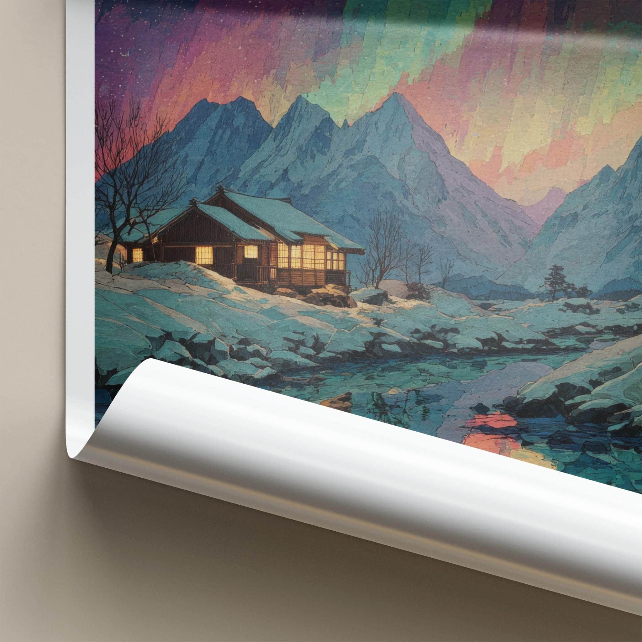 Hokkaido Poster - Japan Travel Art - Northern Lights Cabin Home Decor