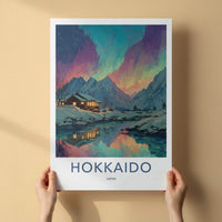 Hokkaido Poster - Japan Travel Art - Northern Lights Cabin Home Decor