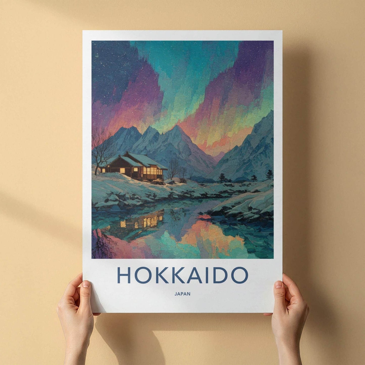 Hokkaido Poster - Japan Travel Art - Northern Lights Cabin Home Decor