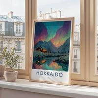 Hokkaido Poster - Japan Travel Art - Northern Lights Cabin Home Decor
