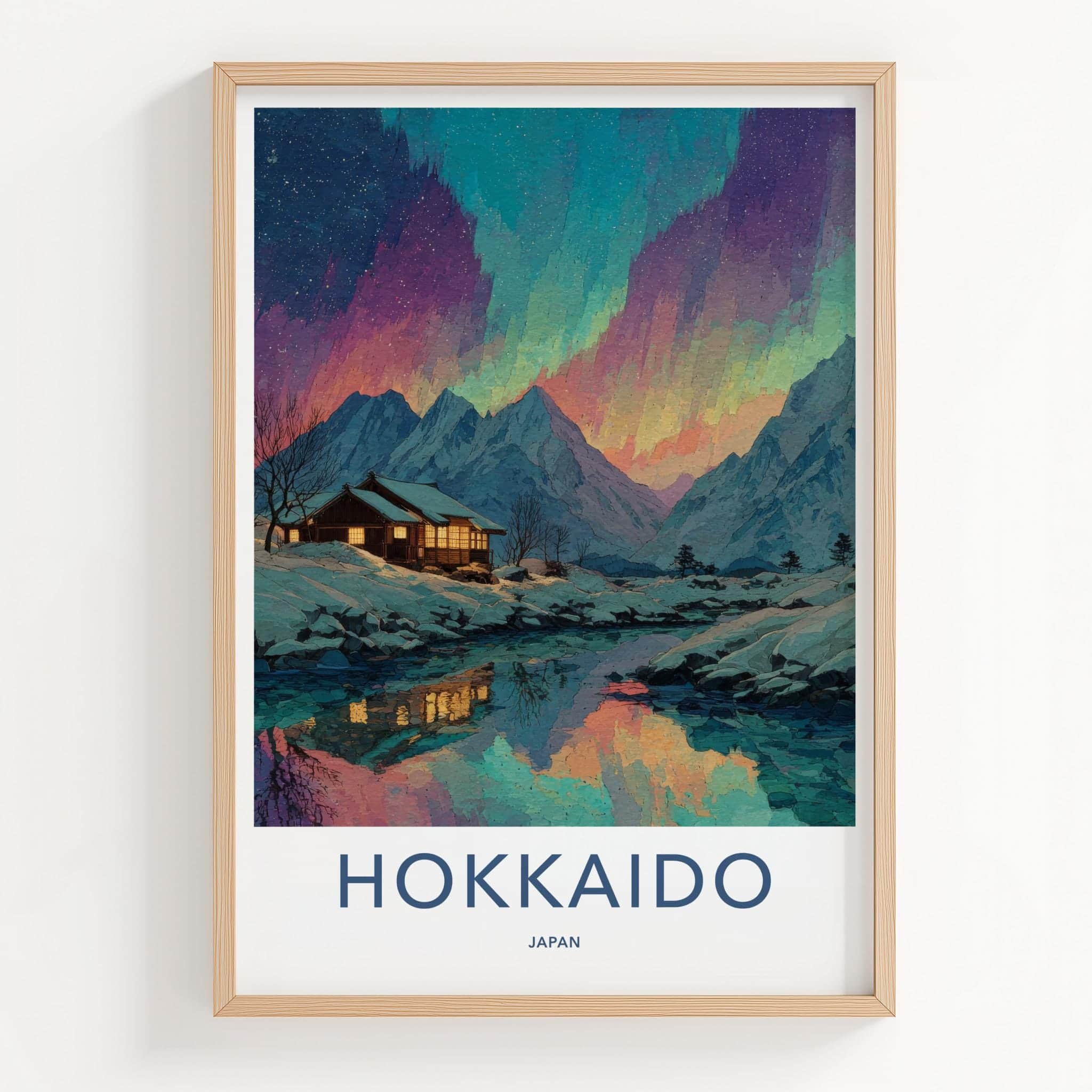 Hokkaido Poster - Japan Travel Art - Northern Lights Cabin Home Decor