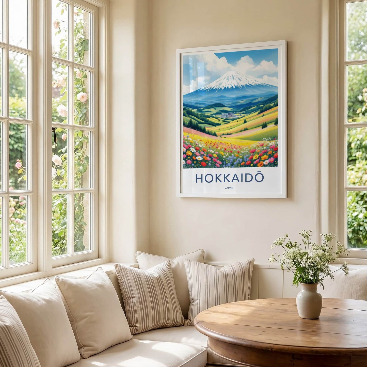 Hokkaido Poster - Japan Travel Art - Snowy Mountain Flower Field Home Decor