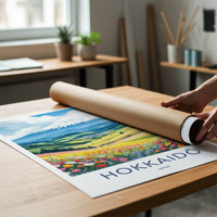 Hokkaido Poster - Japan Travel Art - Snowy Mountain Flower Field Home Decor