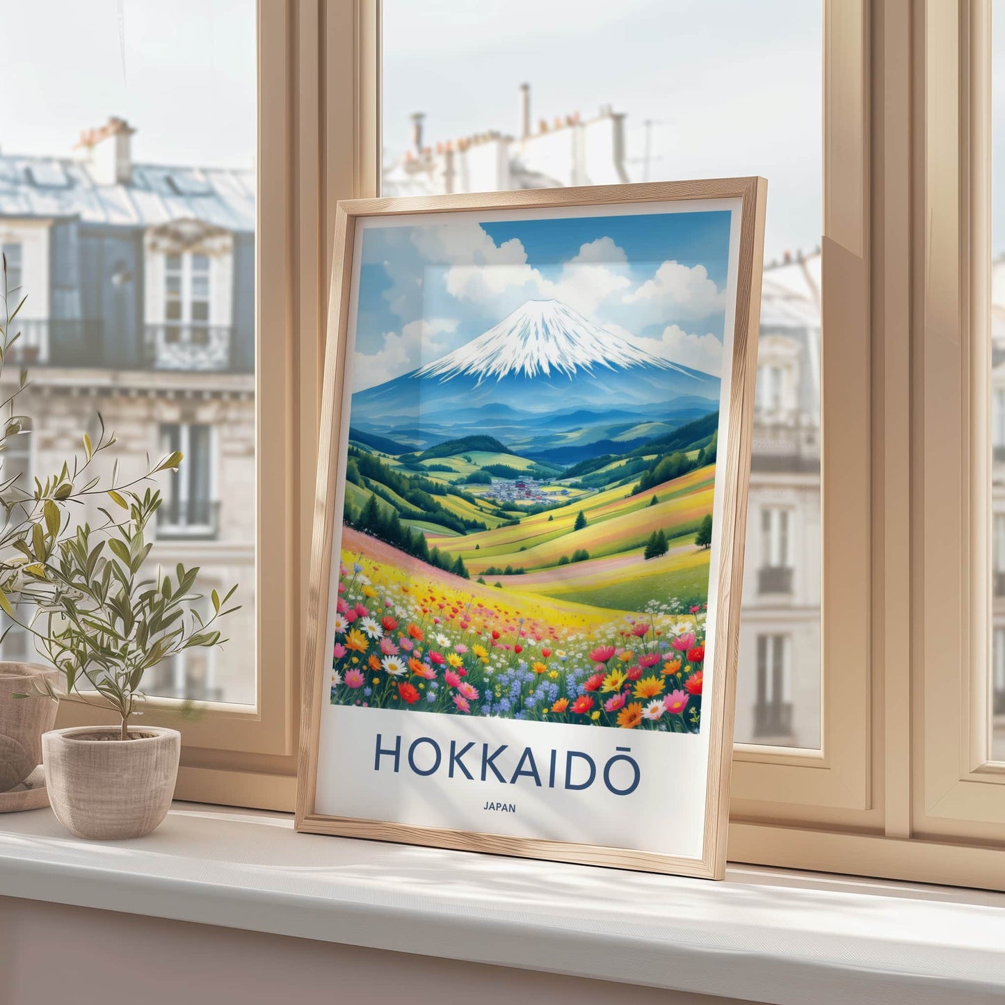 Hokkaido Poster - Japan Travel Art - Snowy Mountain Flower Field Home Decor