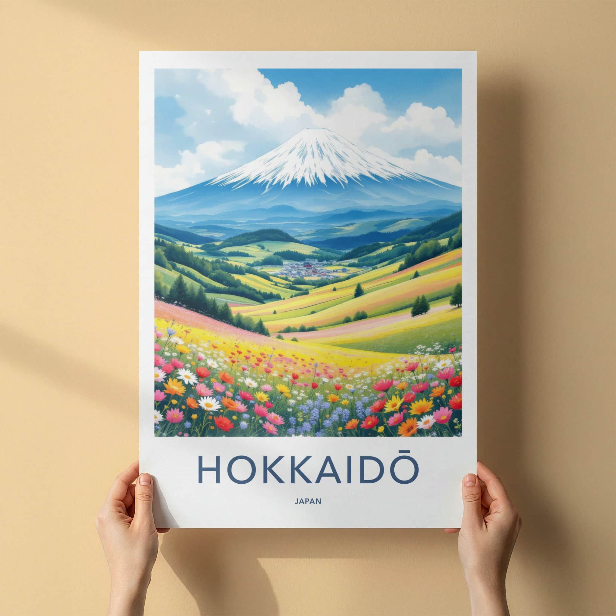 Hokkaido Poster - Japan Travel Art - Snowy Mountain Flower Field Home Decor