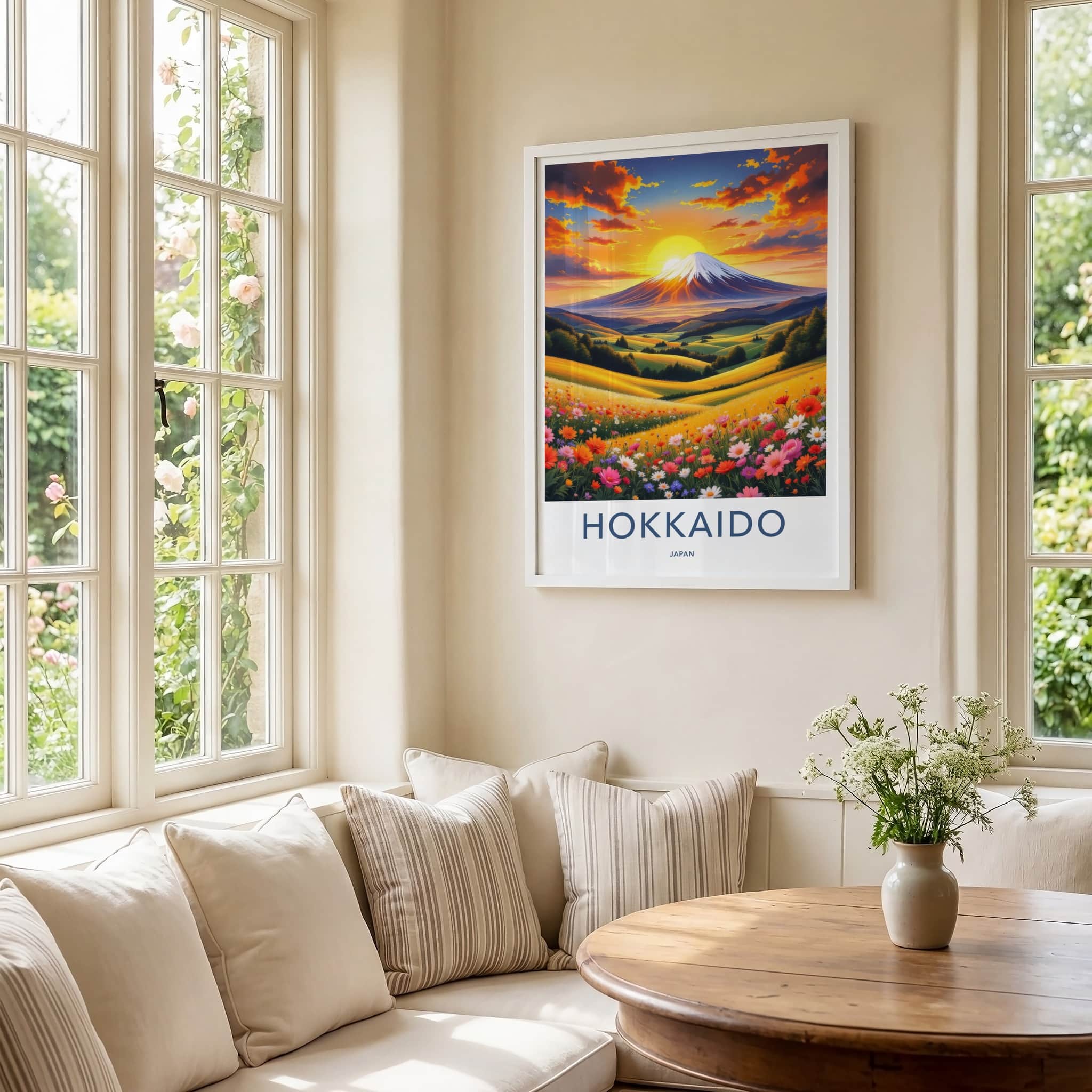 Hokkaido Poster - Japan Travel Art - Sunset Mountain Field Wall Decor