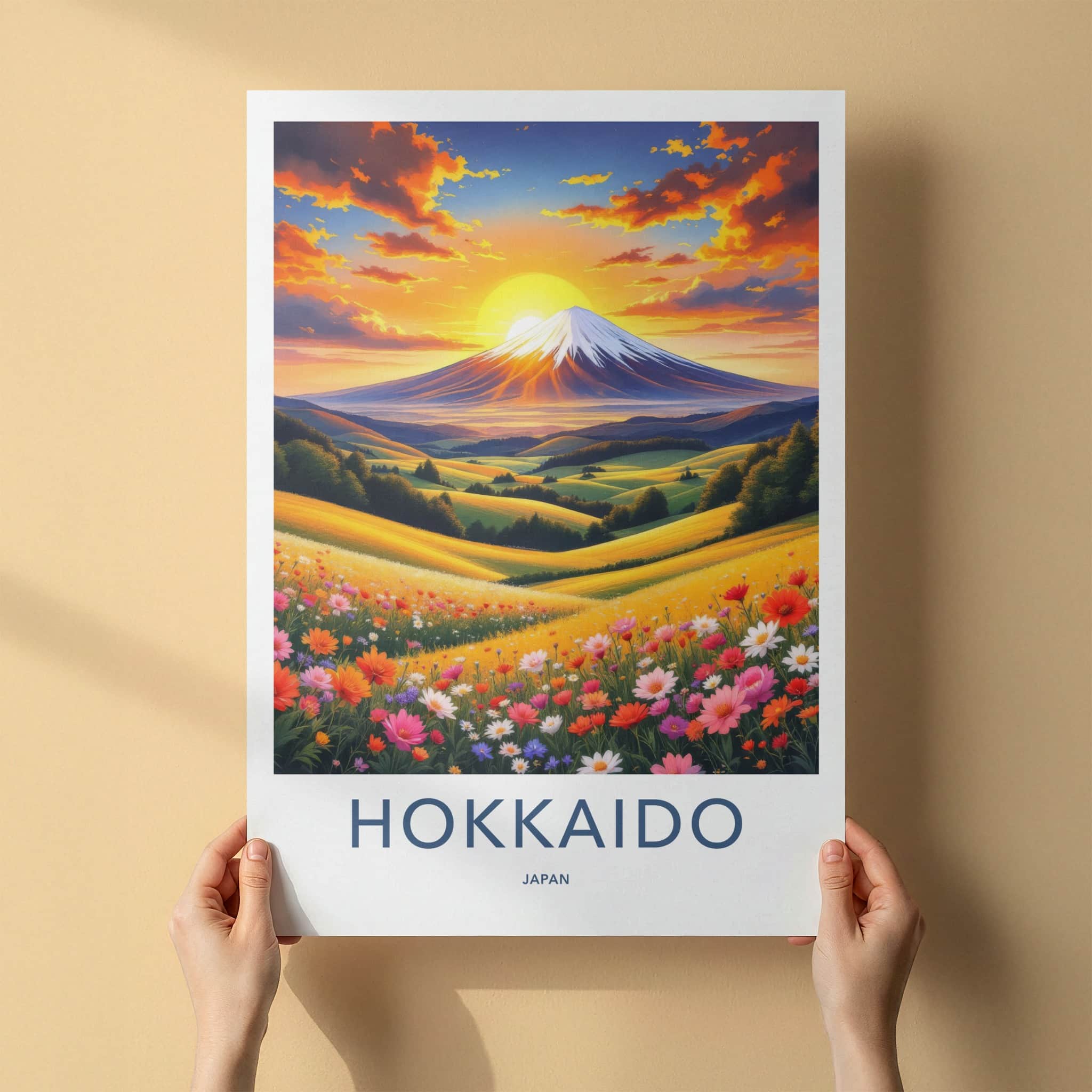 Hokkaido Poster - Japan Travel Art - Sunset Mountain Field Wall Decor