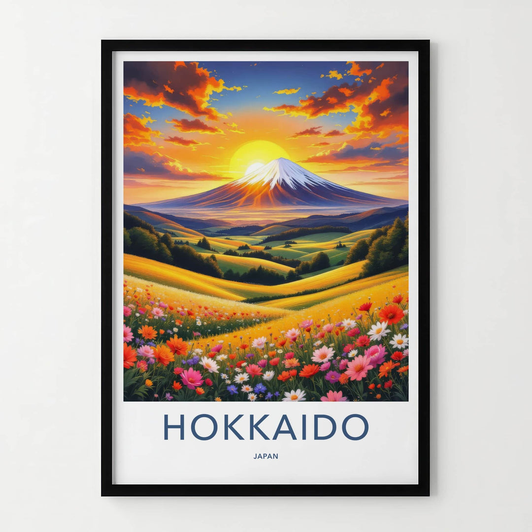Hokkaido Poster - Japan Travel Art - Sunset Mountain Field Wall Decor