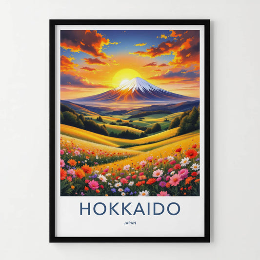 Hokkaido Poster - Japan Travel Art - Sunset Mountain Field Wall Decor