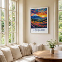 Hokkaido Poster - Japan Travel Art - Vibrant Mountain Floral Sunset Home Decor