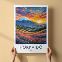 Hokkaido Poster - Japan Travel Art - Vibrant Mountain Floral Sunset Home Decor