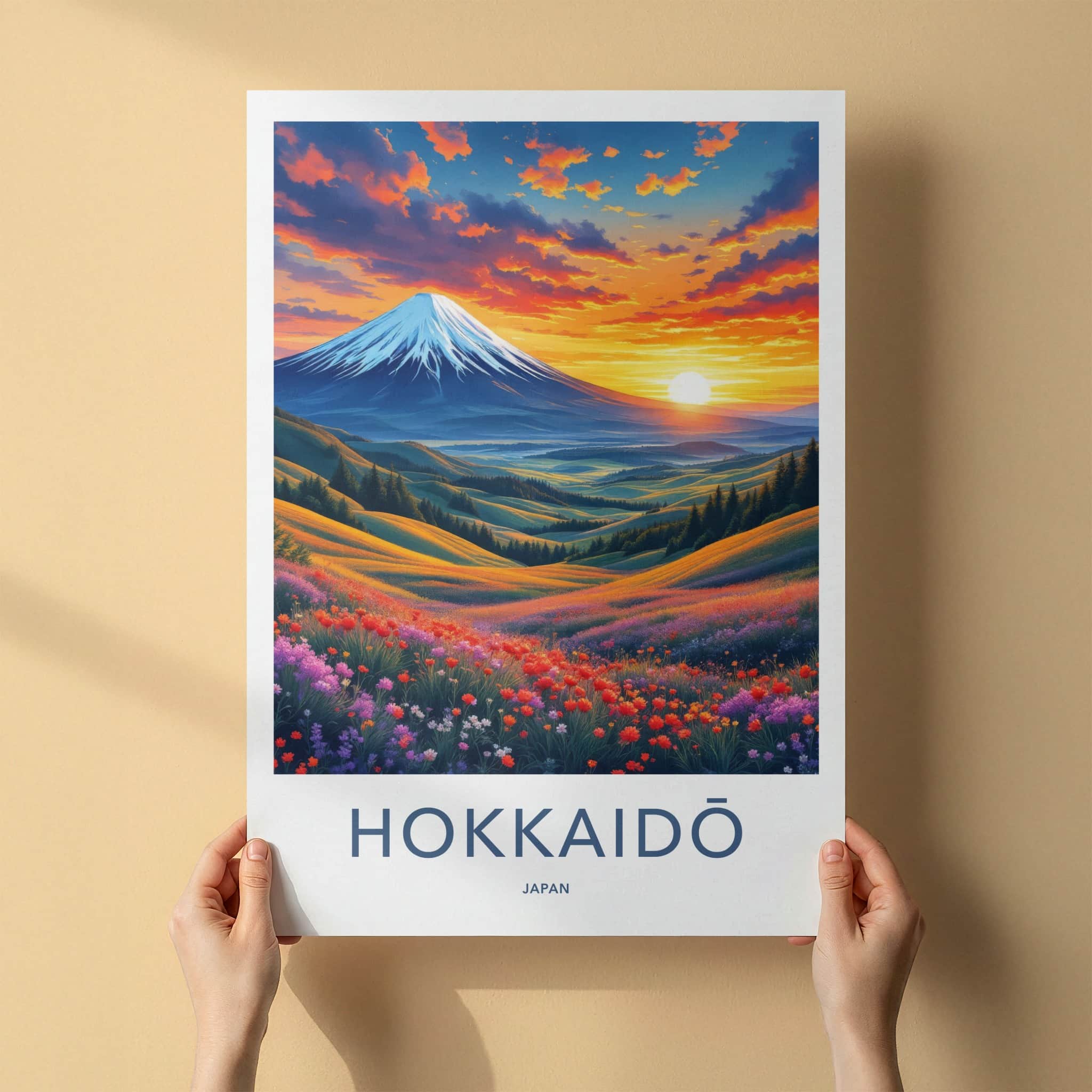 Hokkaido Poster - Japan Travel Art - Vibrant Mountain Floral Sunset Home Decor