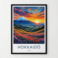 Hokkaido Poster - Japan Travel Art - Vibrant Mountain Floral Sunset Home Decor