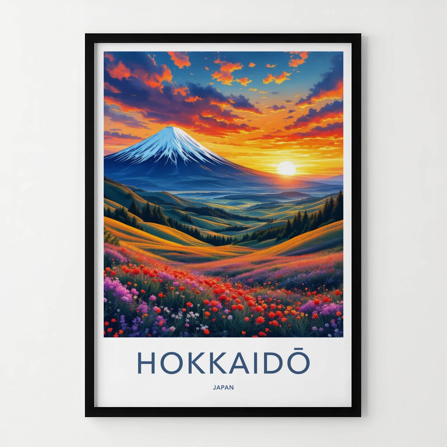 Hokkaido Poster - Japan Travel Art - Vibrant Mountain Floral Sunset Home Decor