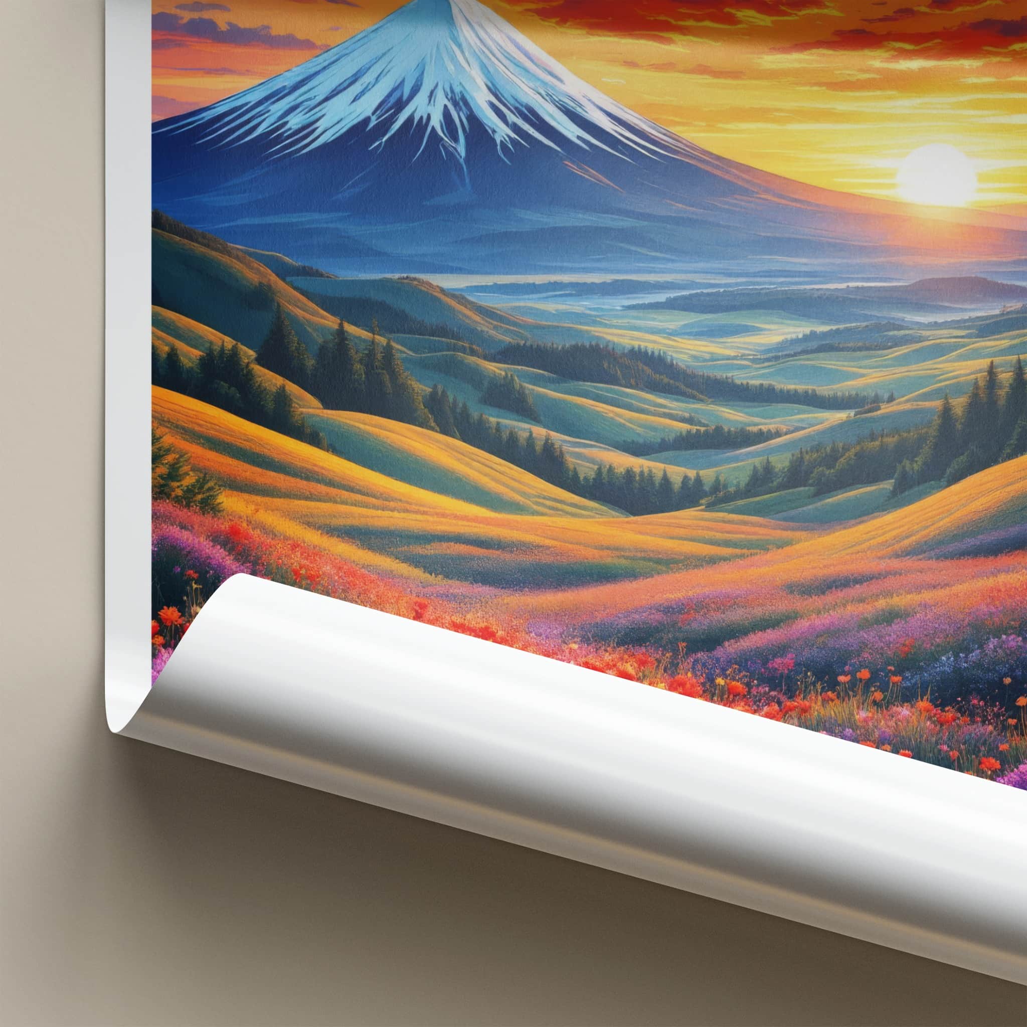 Hokkaido Poster - Japan Travel Art - Vibrant Mountain Floral Sunset Home Decor