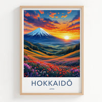 Hokkaido Poster - Japan Travel Art - Vibrant Mountain Floral Sunset Home Decor