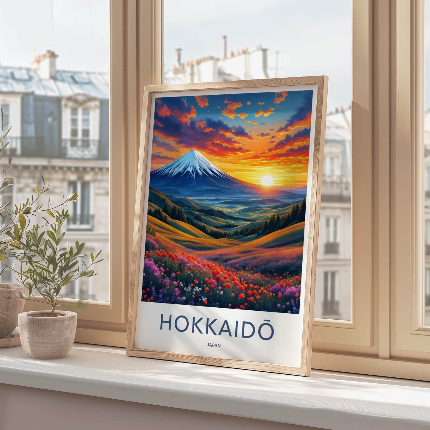 Hokkaido Poster - Japan Travel Art - Vibrant Mountain Floral Sunset Home Decor