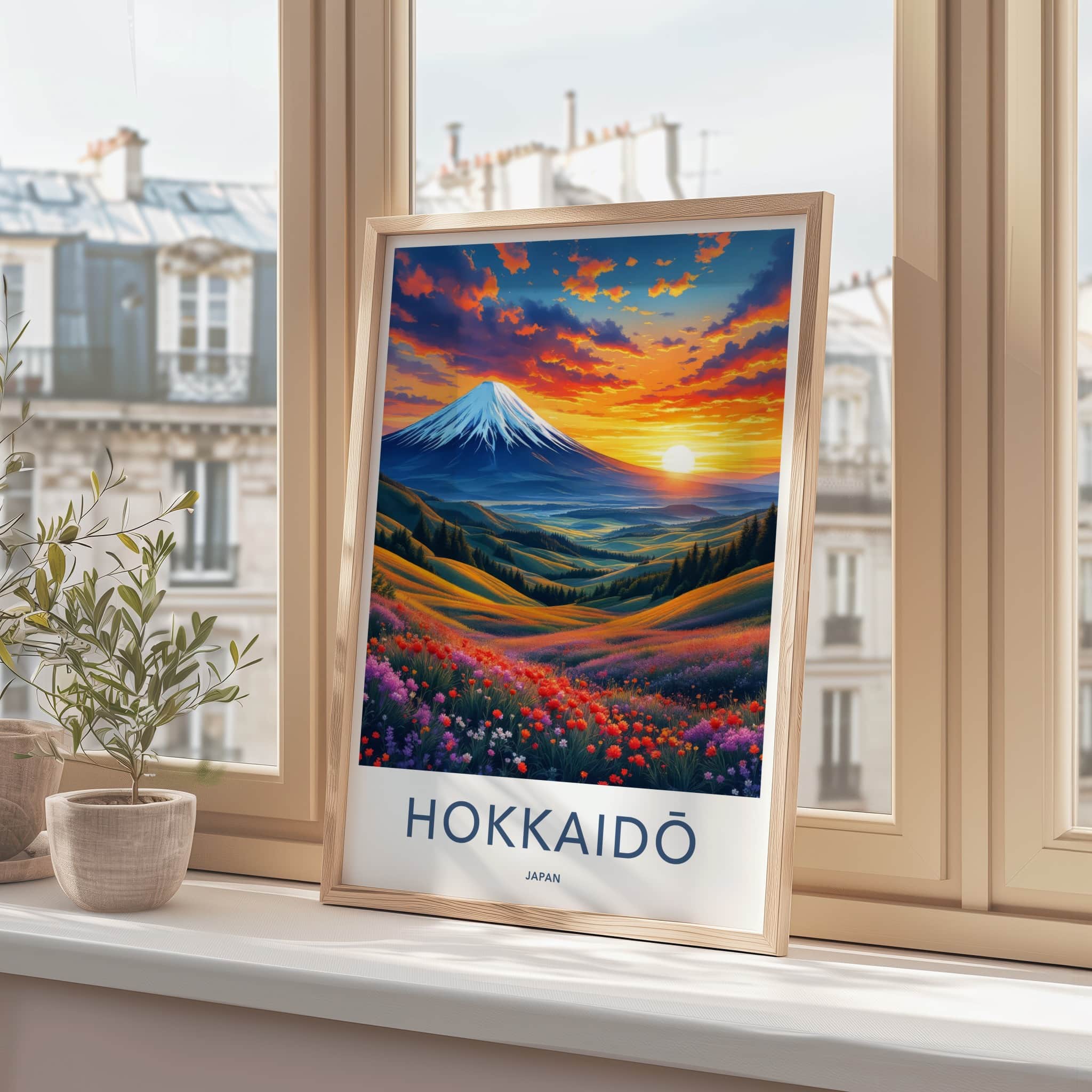 Hokkaido Poster - Japan Travel Art - Vibrant Mountain Floral Sunset Home Decor