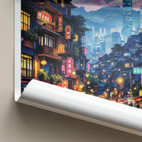 Hong Kong Poster - Asia Travel Print - Neon Lit Street Gallery Art