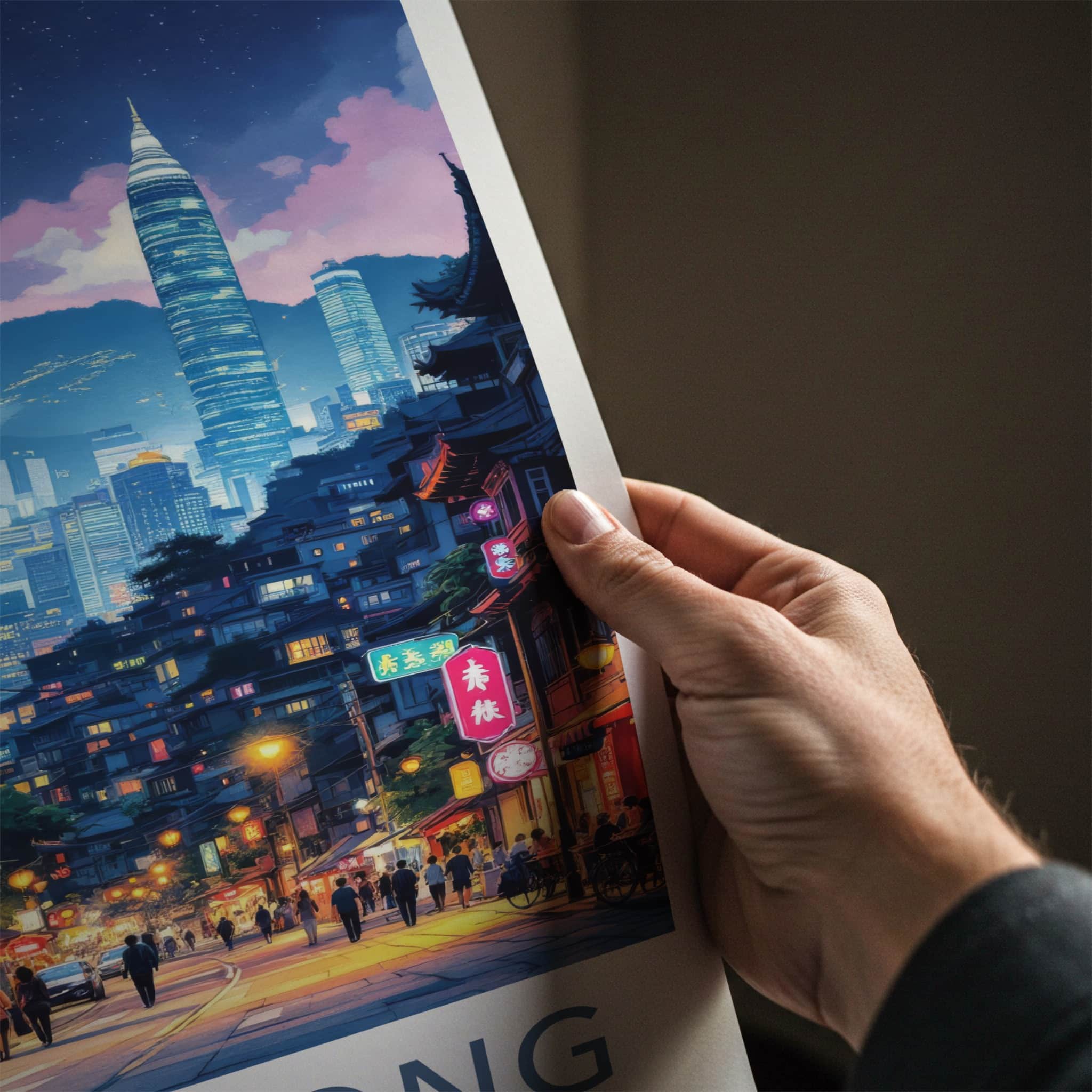 Hong Kong Poster - Asia Travel Print - Neon Lit Street Gallery Art