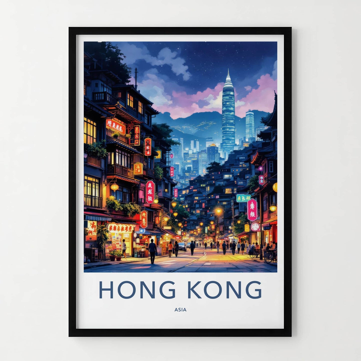 Hong Kong Poster - Asia Travel Print - Neon Lit Street Gallery Art