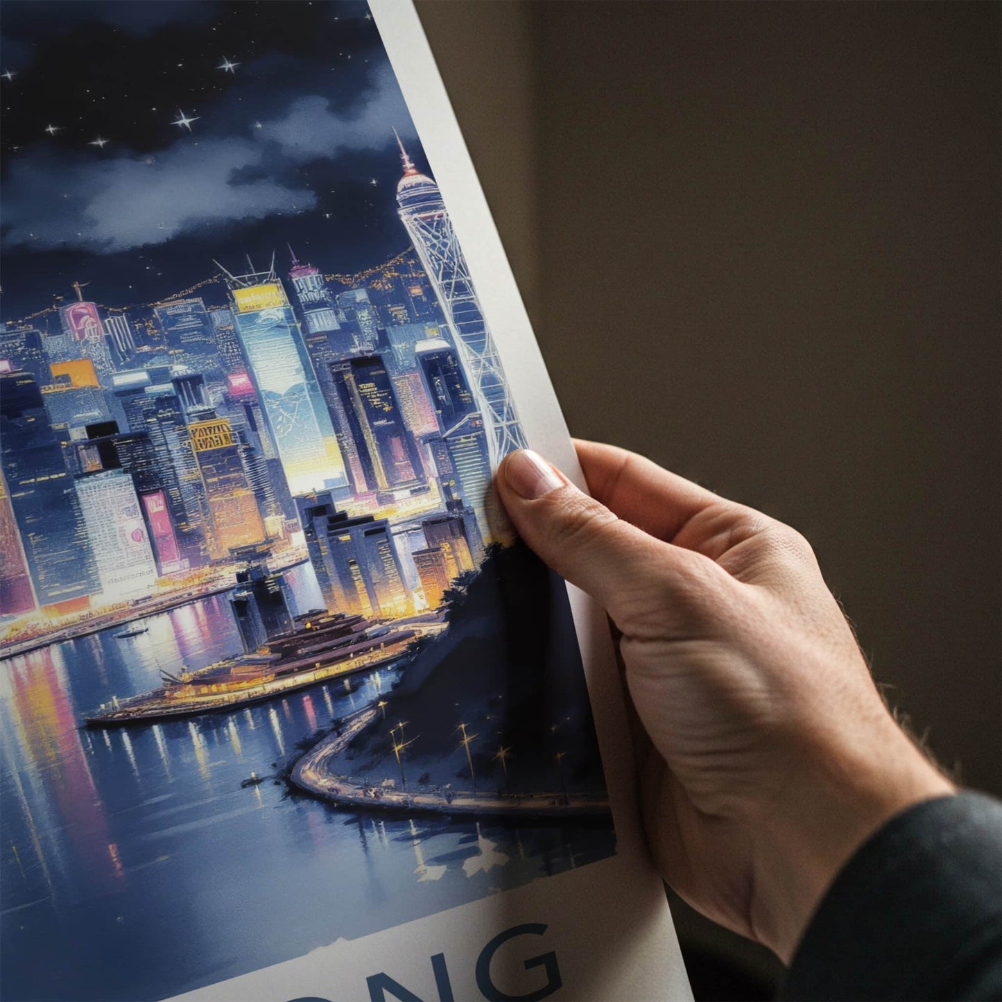 Hong Kong Poster - China Art Print - Night Cityscape Moon Wall Art