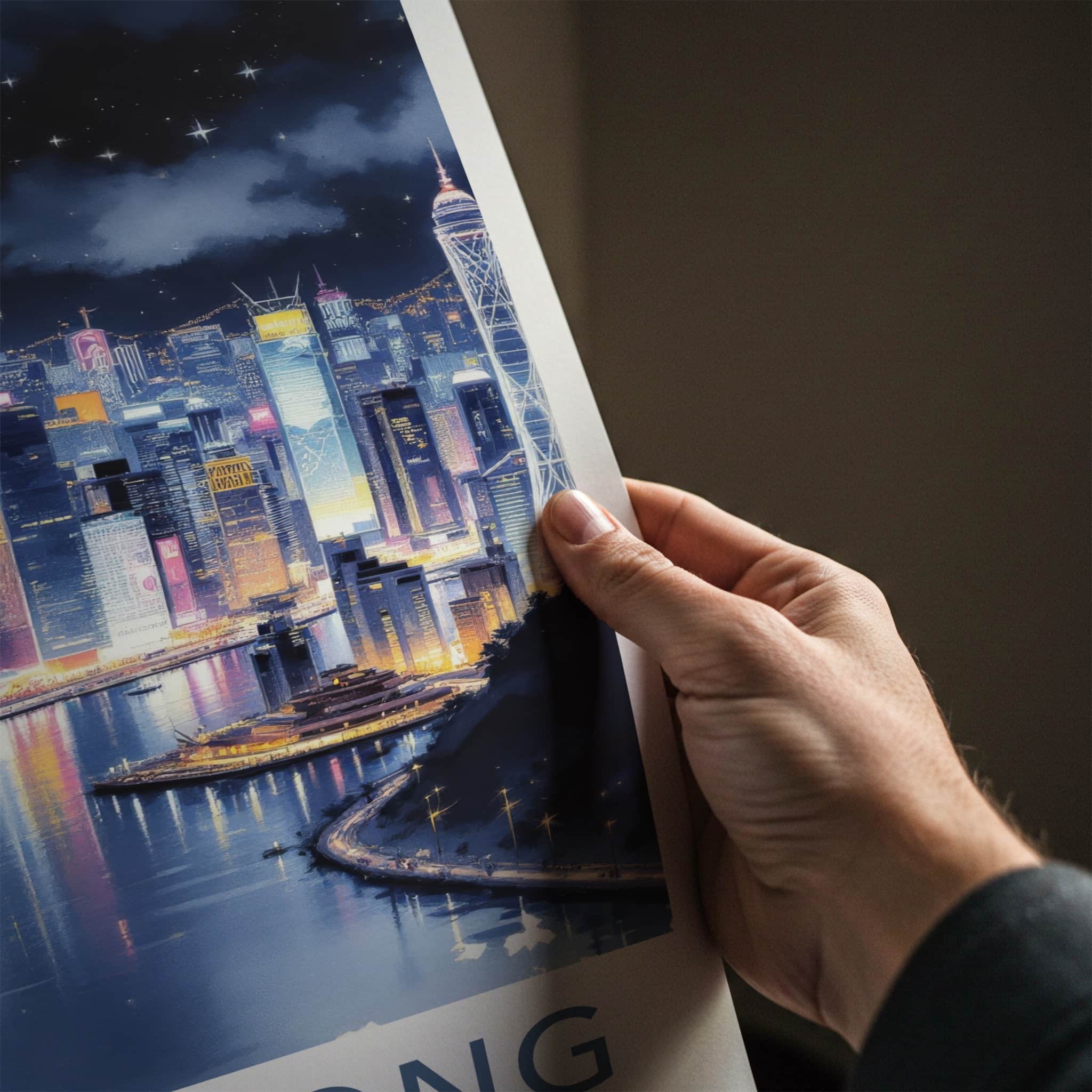 Hong Kong Poster - China Art Print - Night Cityscape Moon Wall Art
