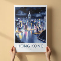 Hong Kong Poster - China Art Print - Night Cityscape Moon Wall Art