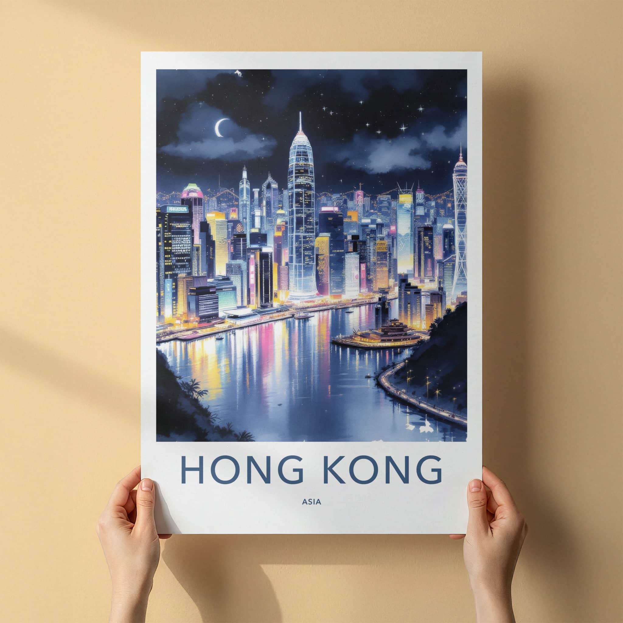 Hong Kong Poster - China Art Print - Night Cityscape Moon Wall Art